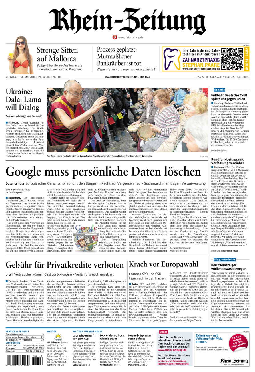 Rhein-Zeitung Kreis Altenkirchen vom Mittwoch, 14.05.2014