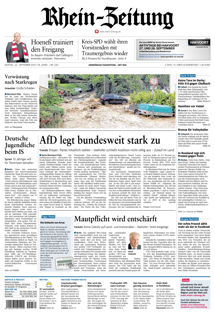 Rhein-Zeitung Kreis Altenkirchen vom Montag, 22.09.2014
