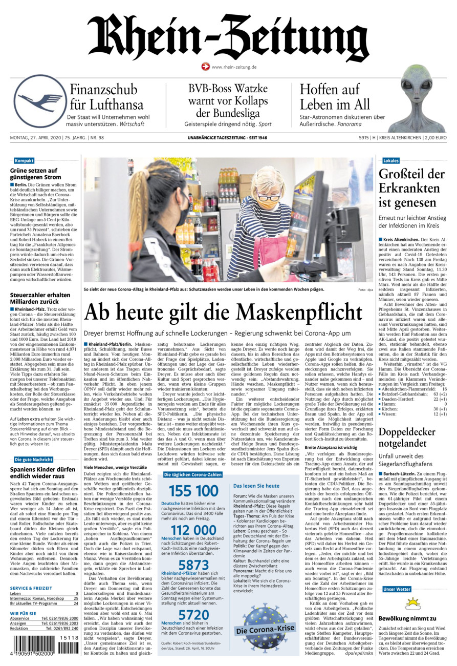 Rhein-Zeitung Kreis Altenkirchen vom Montag, 27.04.2020