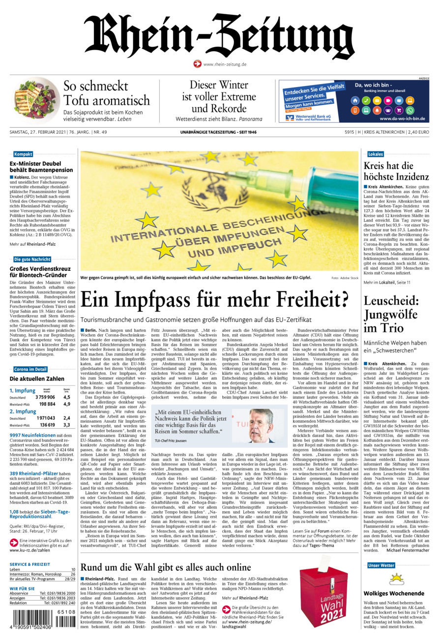 Rhein-Zeitung Kreis Altenkirchen vom Samstag, 27.02.2021