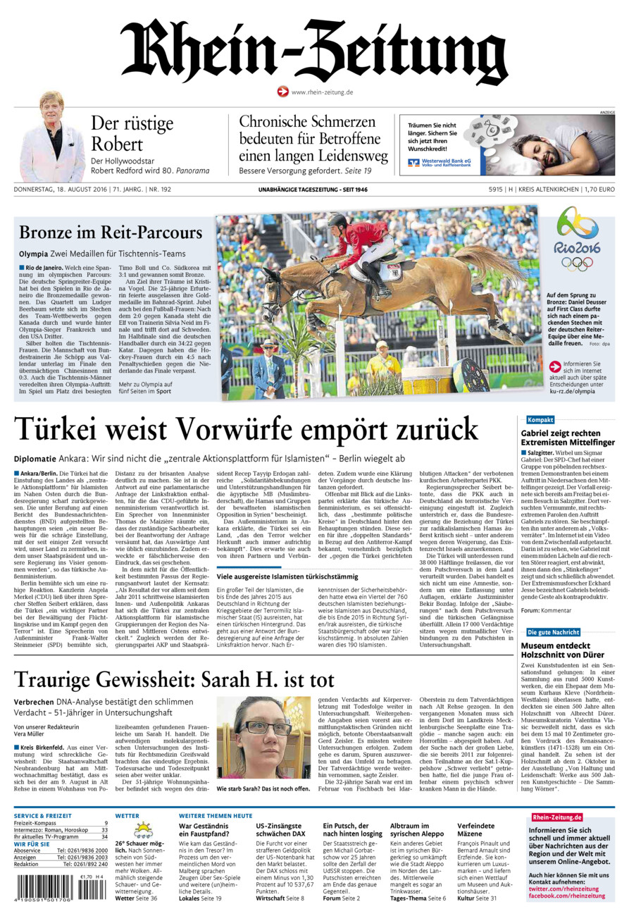 Rhein-Zeitung Kreis Altenkirchen vom Donnerstag, 18.08.2016