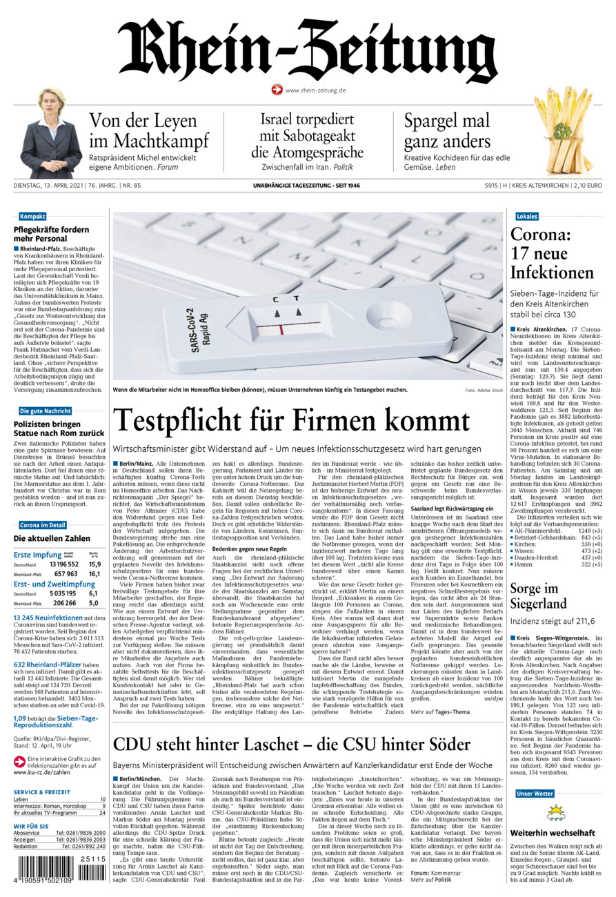 Rhein-Zeitung Kreis Altenkirchen vom Dienstag, 13.04.2021