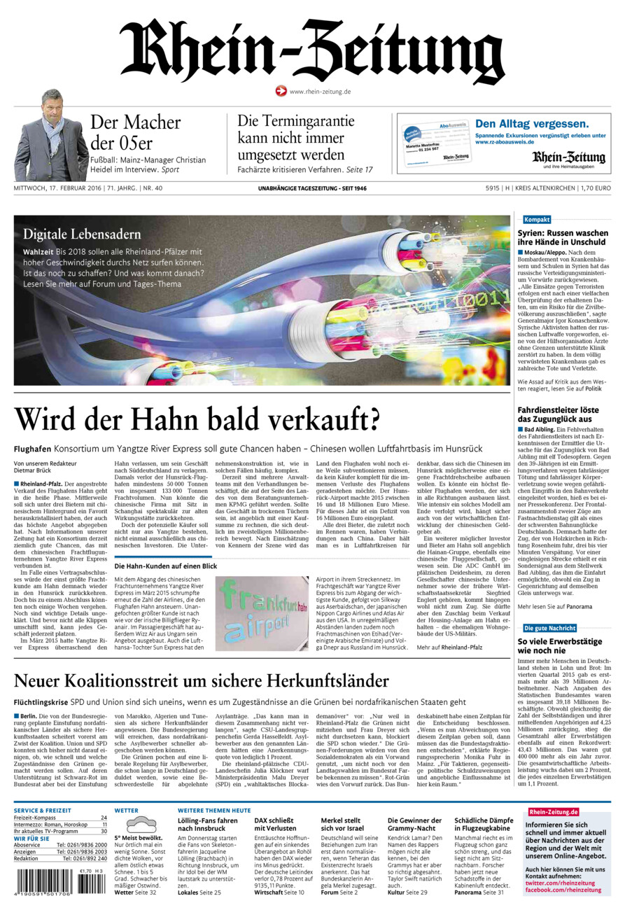 Rhein-Zeitung Kreis Altenkirchen vom Mittwoch, 17.02.2016