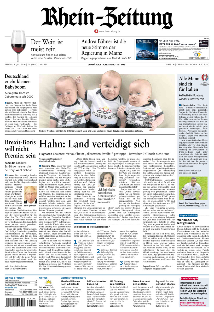 Rhein-Zeitung Kreis Altenkirchen vom Freitag, 01.07.2016