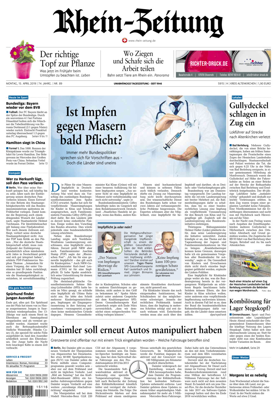 Rhein-Zeitung Kreis Altenkirchen vom Montag, 15.04.2019