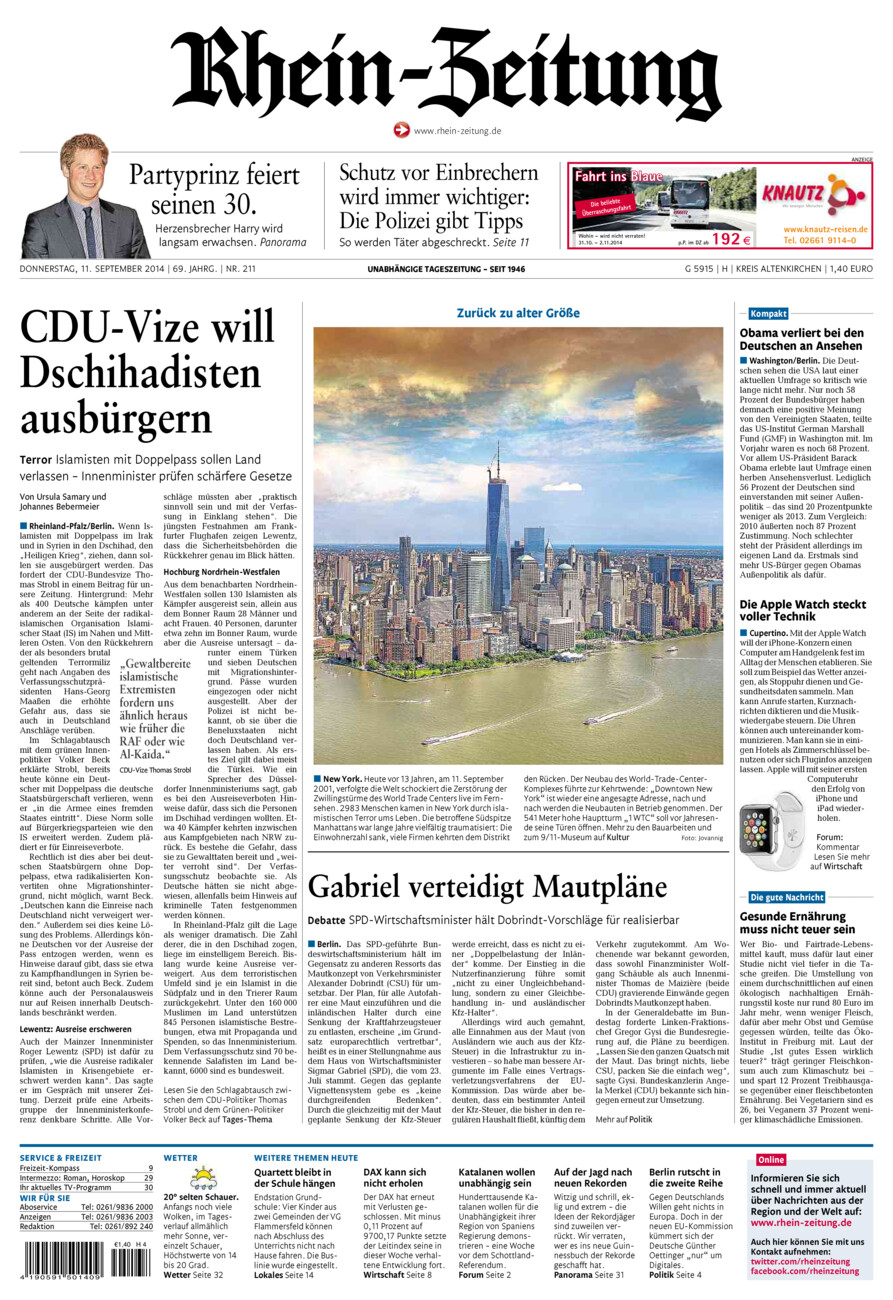 Rhein-Zeitung Kreis Altenkirchen vom Donnerstag, 11.09.2014