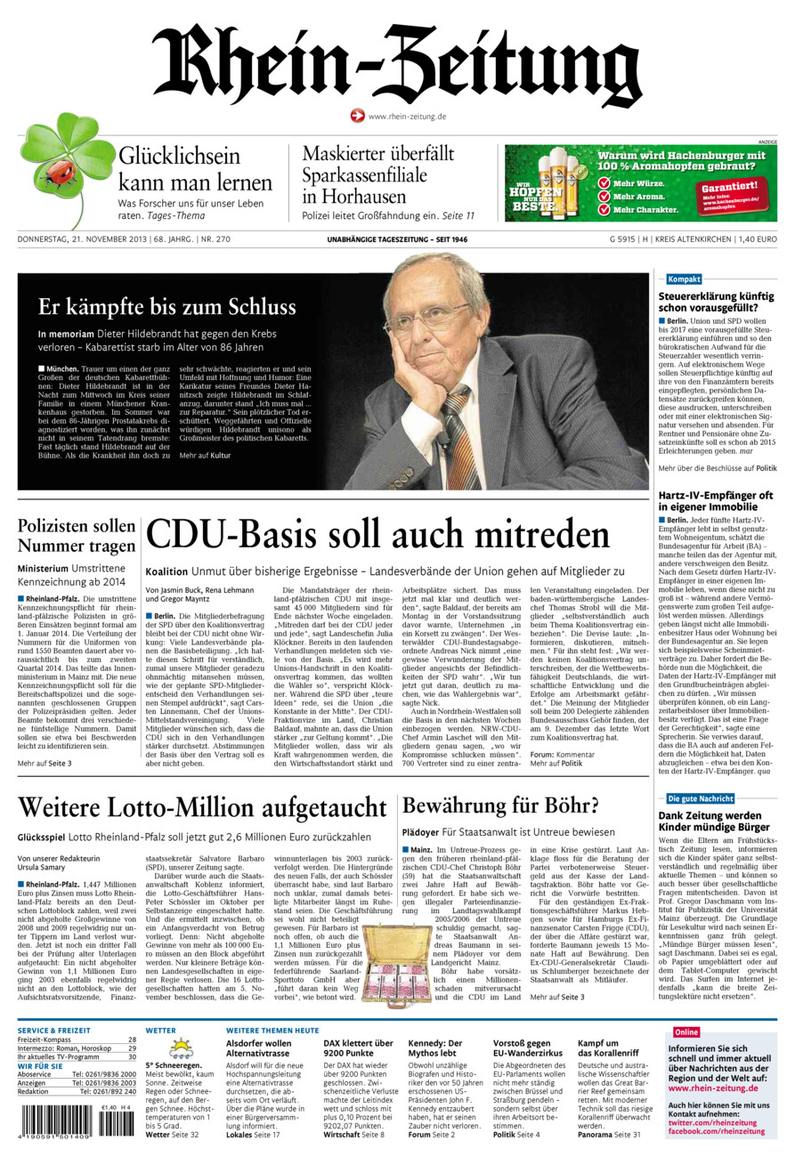 Rhein-Zeitung Kreis Altenkirchen vom Donnerstag, 21.11.2013