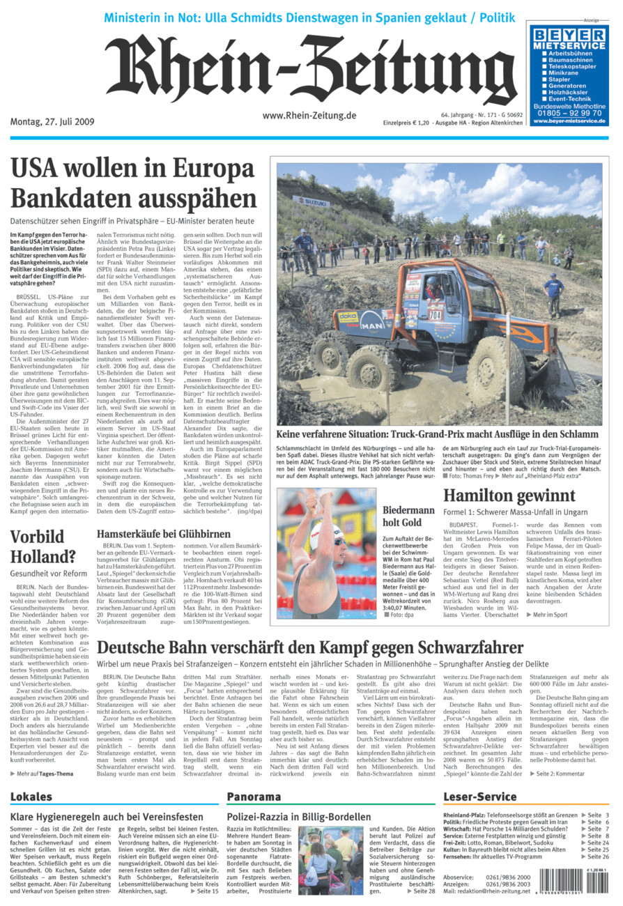 Rhein-Zeitung Kreis Altenkirchen vom Montag, 27.07.2009