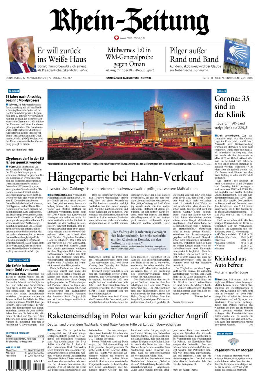 Rhein-Zeitung Kreis Altenkirchen vom Donnerstag, 17.11.2022