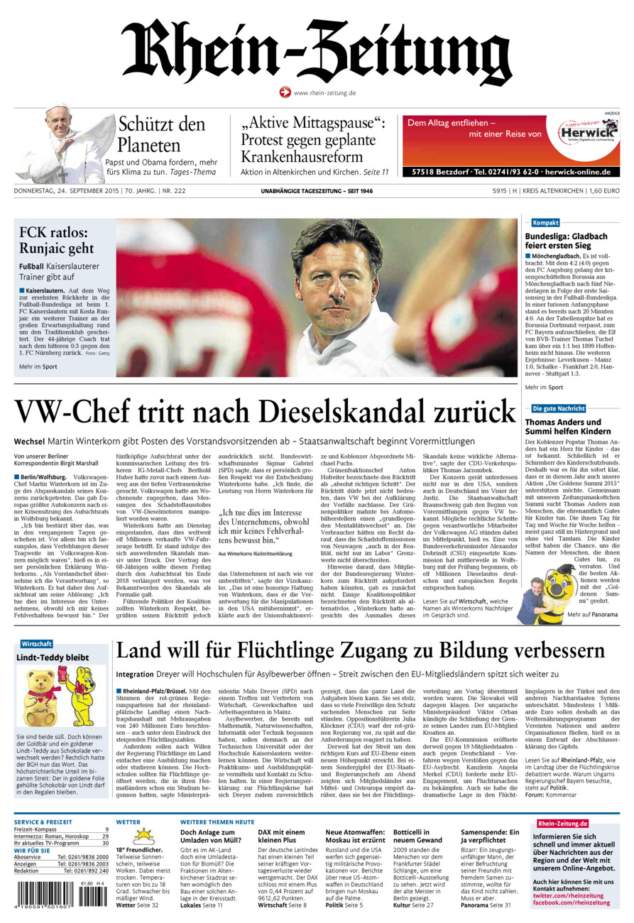 Rhein-Zeitung Kreis Altenkirchen vom Donnerstag, 24.09.2015