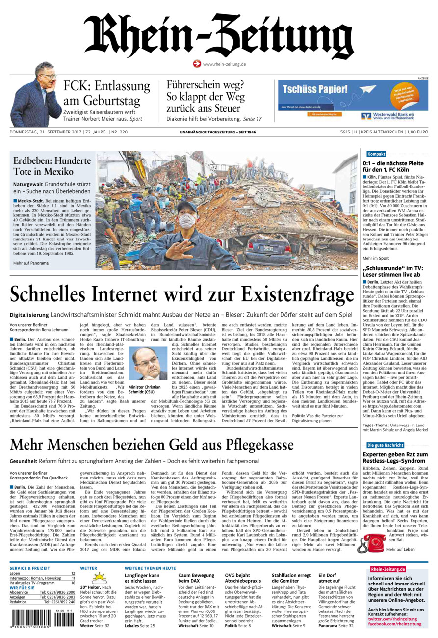 Rhein-Zeitung Kreis Altenkirchen vom Donnerstag, 21.09.2017