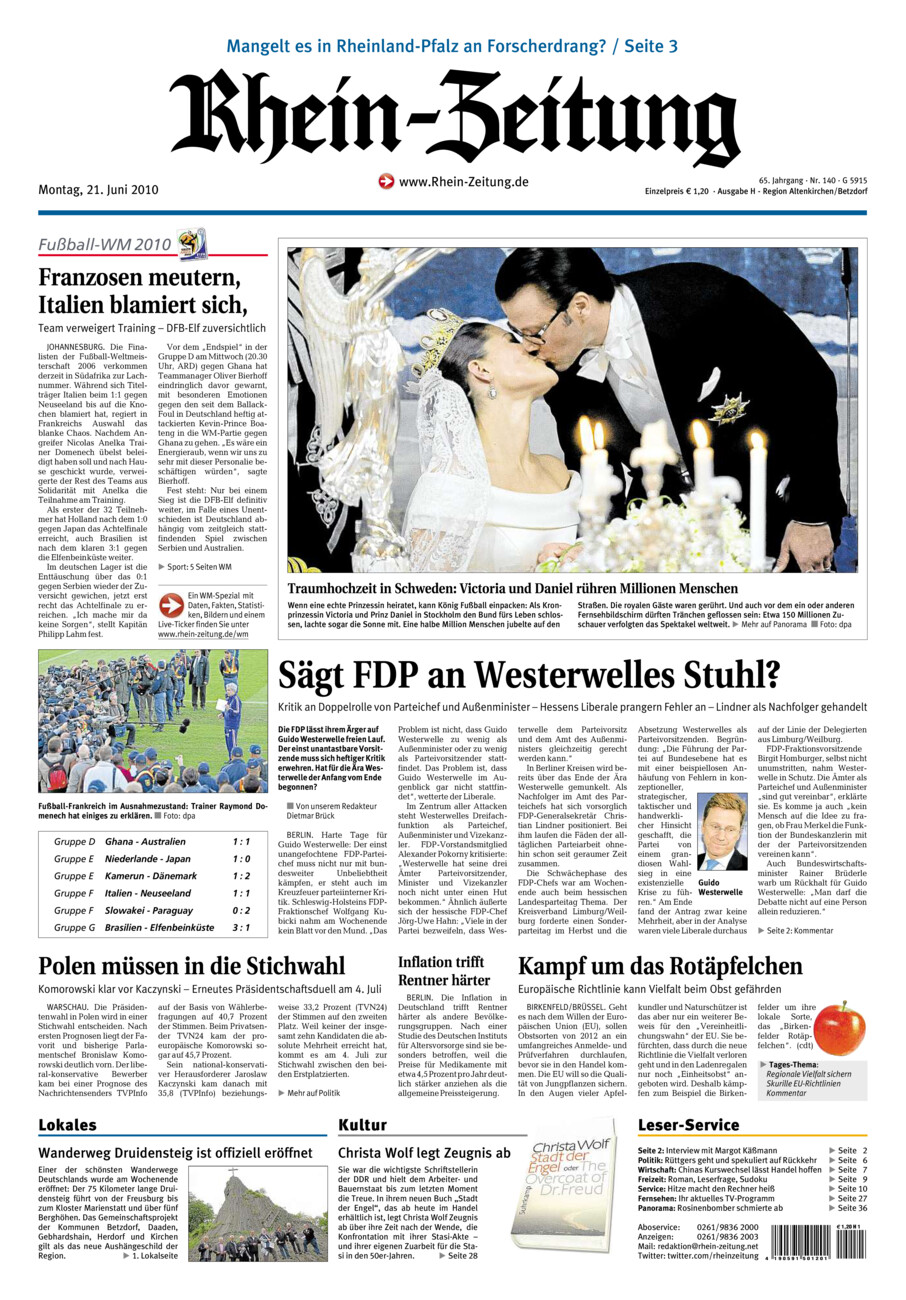 Rhein-Zeitung Kreis Altenkirchen vom Montag, 21.06.2010