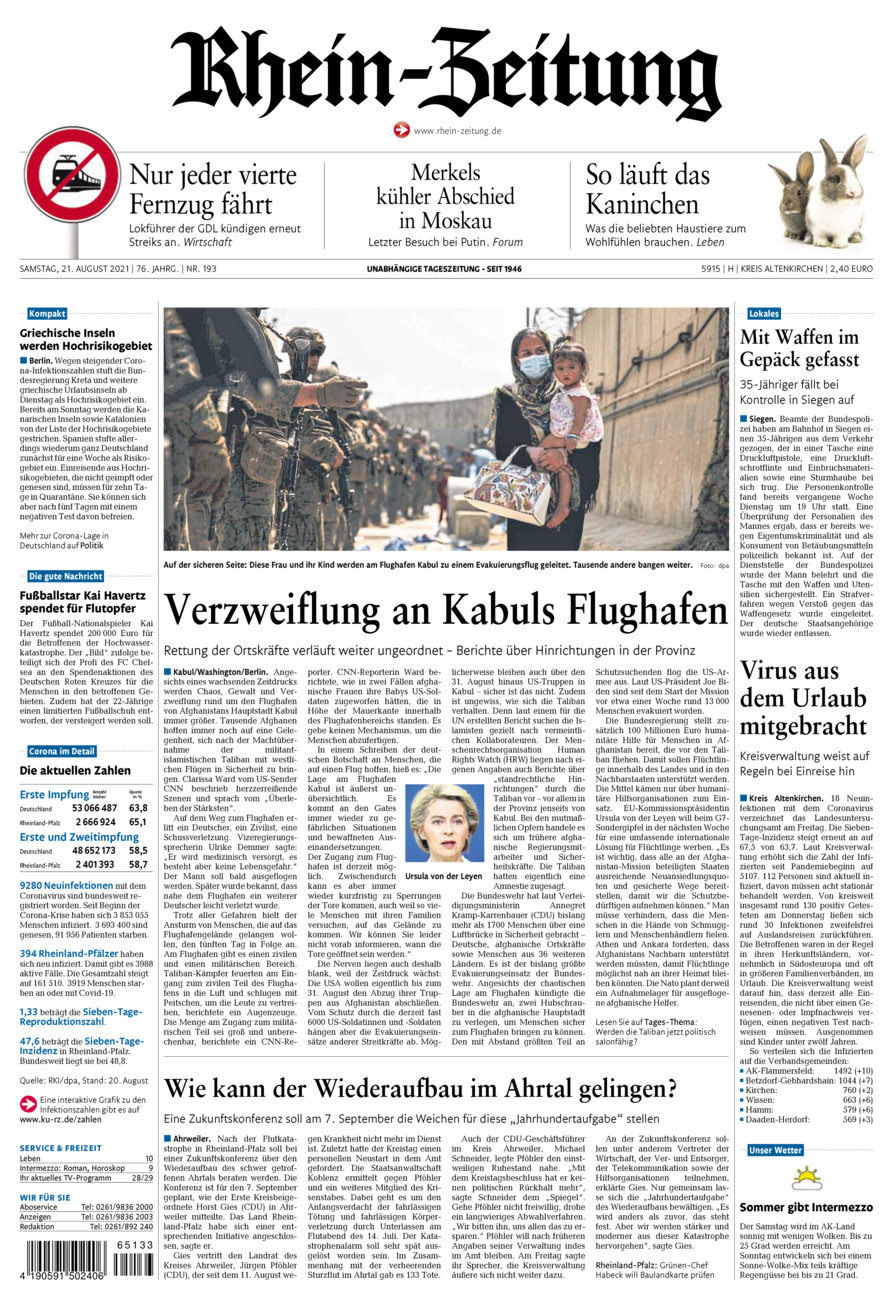 Rhein-Zeitung Kreis Altenkirchen vom Samstag, 21.08.2021