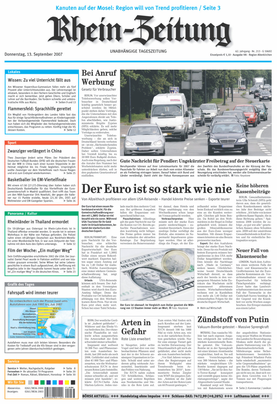 Rhein-Zeitung Kreis Altenkirchen vom Donnerstag, 13.09.2007