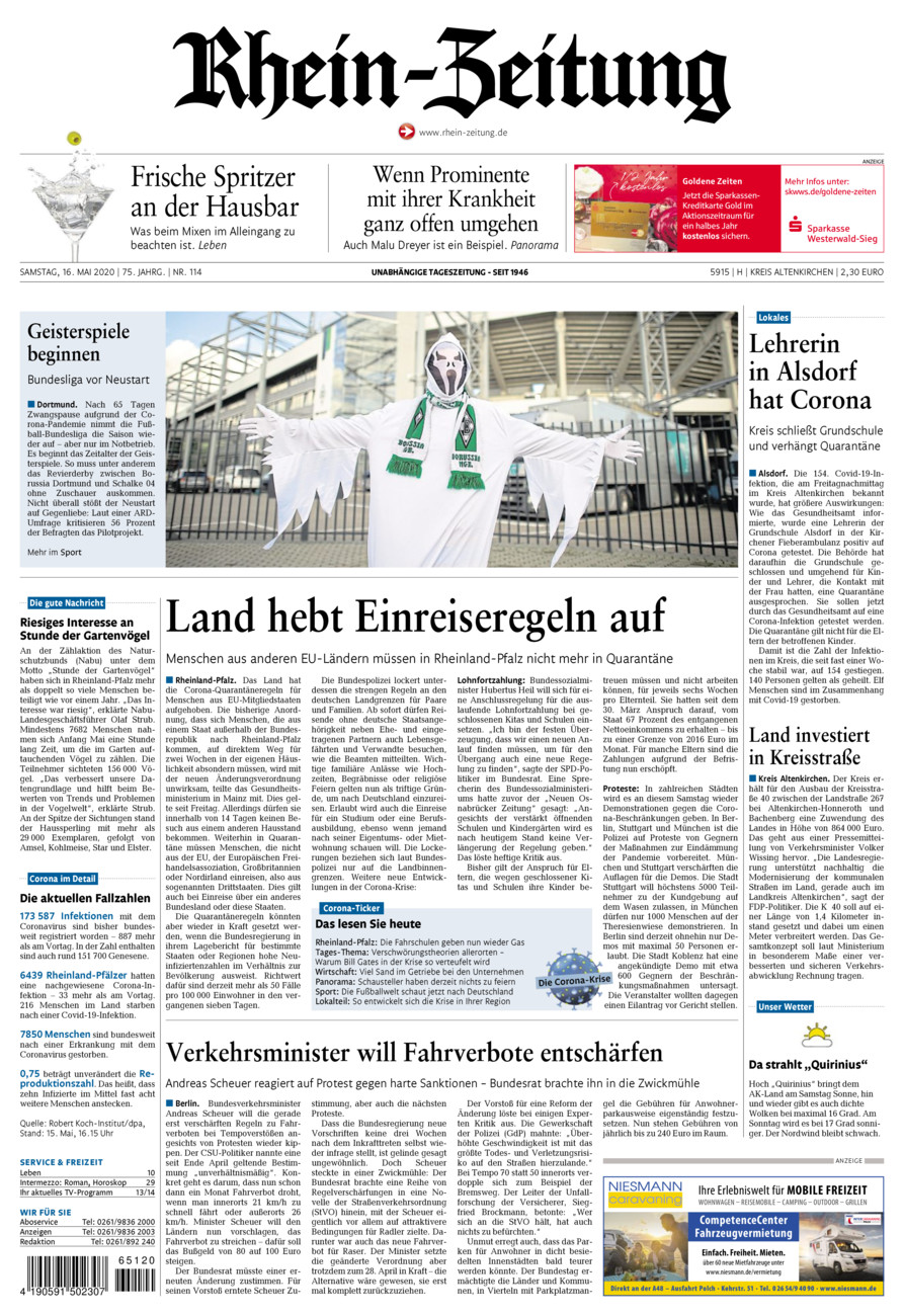 Rhein-Zeitung Kreis Altenkirchen vom Samstag, 16.05.2020