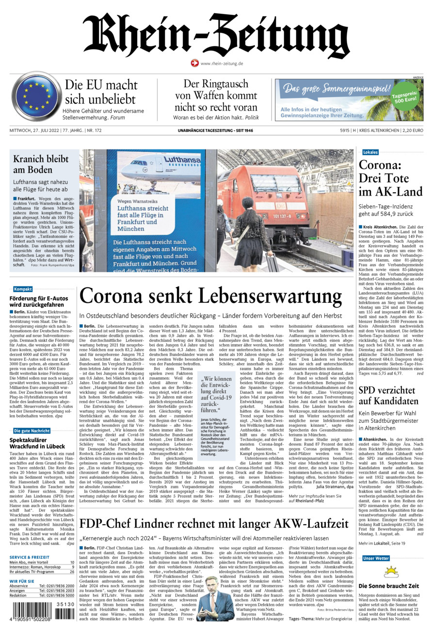 Rhein-Zeitung Kreis Altenkirchen vom Mittwoch, 27.07.2022