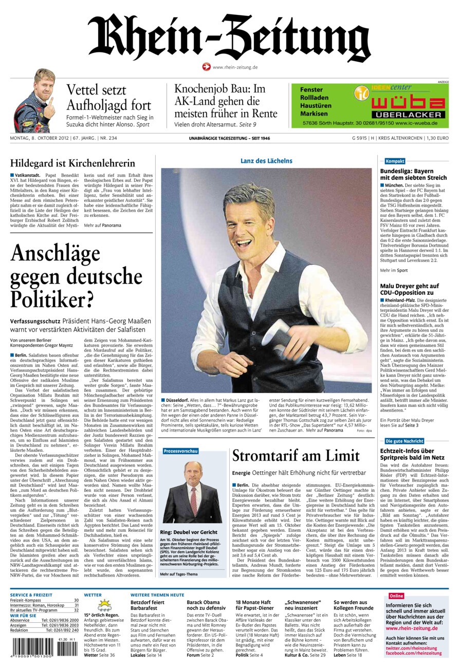 Rhein-Zeitung Kreis Altenkirchen vom Montag, 08.10.2012