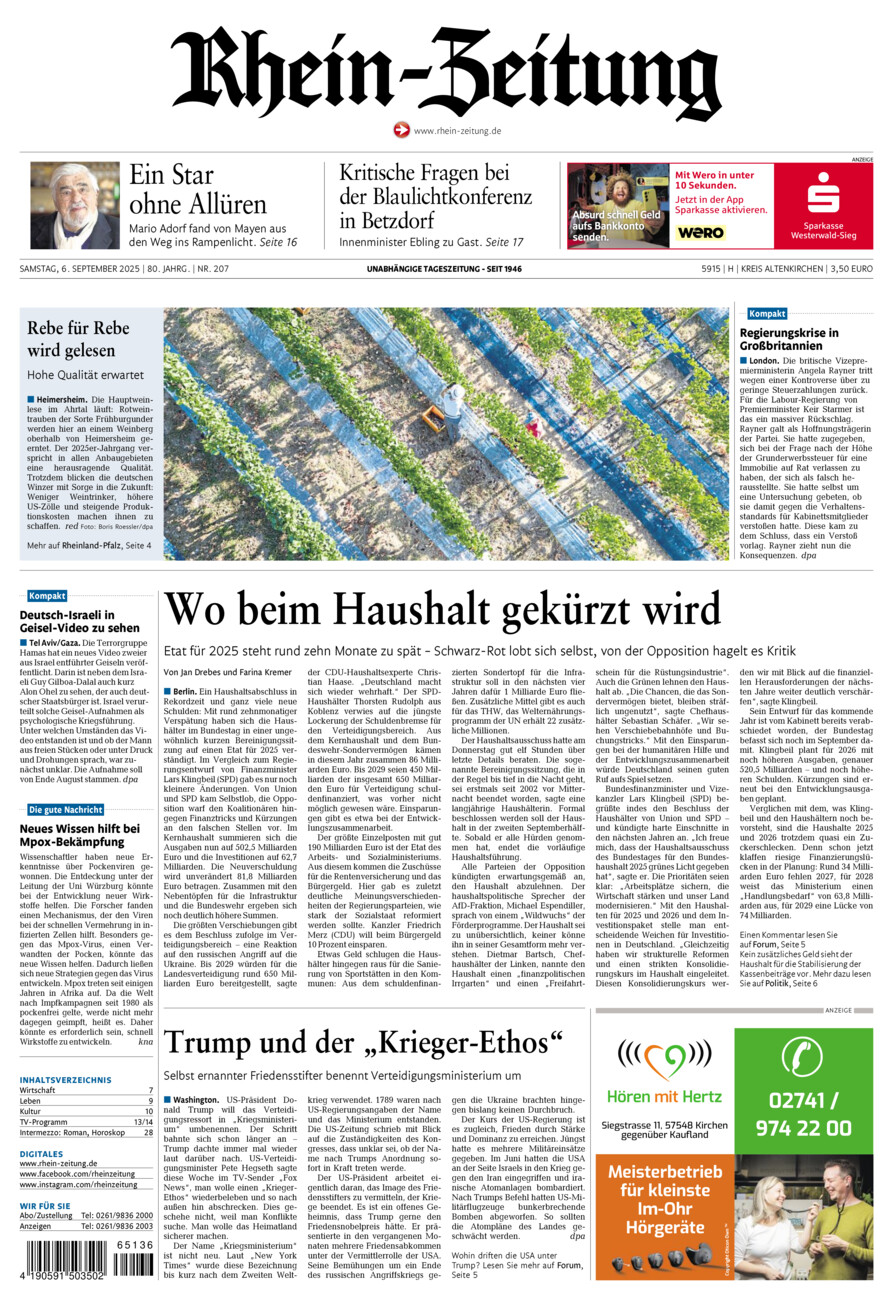 Rhein-Zeitung Kreis Altenkirchen vom Samstag, 06.09.2025