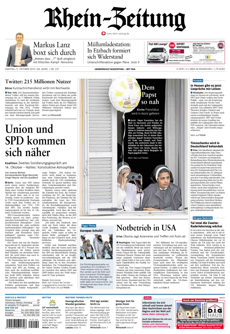 Rhein-Zeitung Kreis Altenkirchen vom Samstag, 05.10.2013