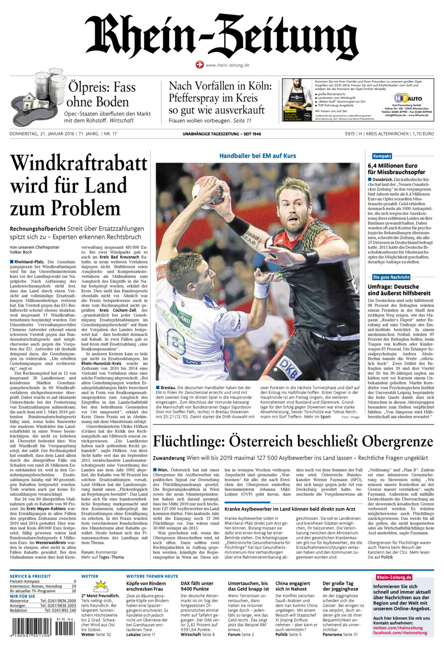 Rhein-Zeitung Kreis Altenkirchen vom Donnerstag, 21.01.2016