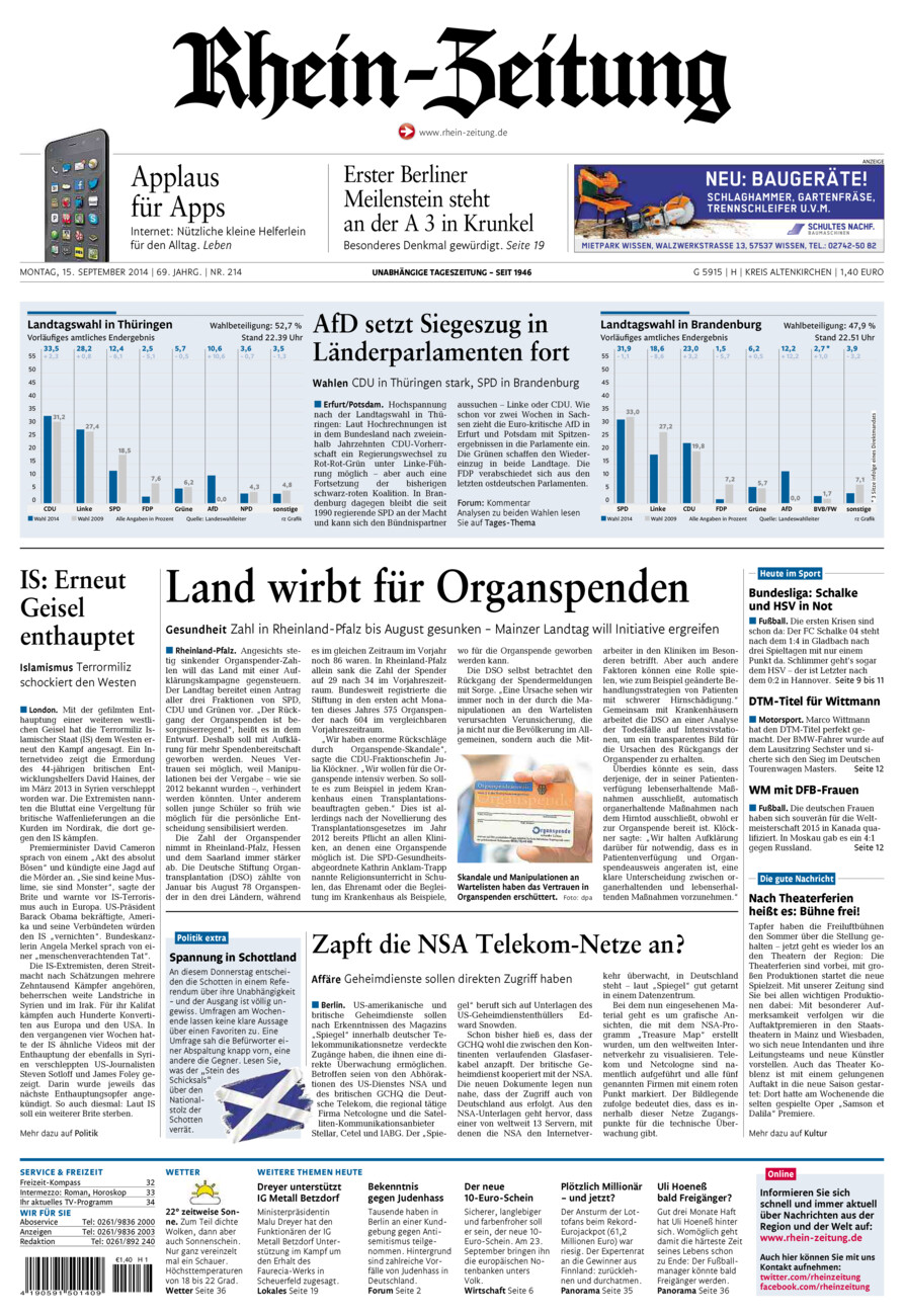 Rhein-Zeitung Kreis Altenkirchen vom Montag, 15.09.2014