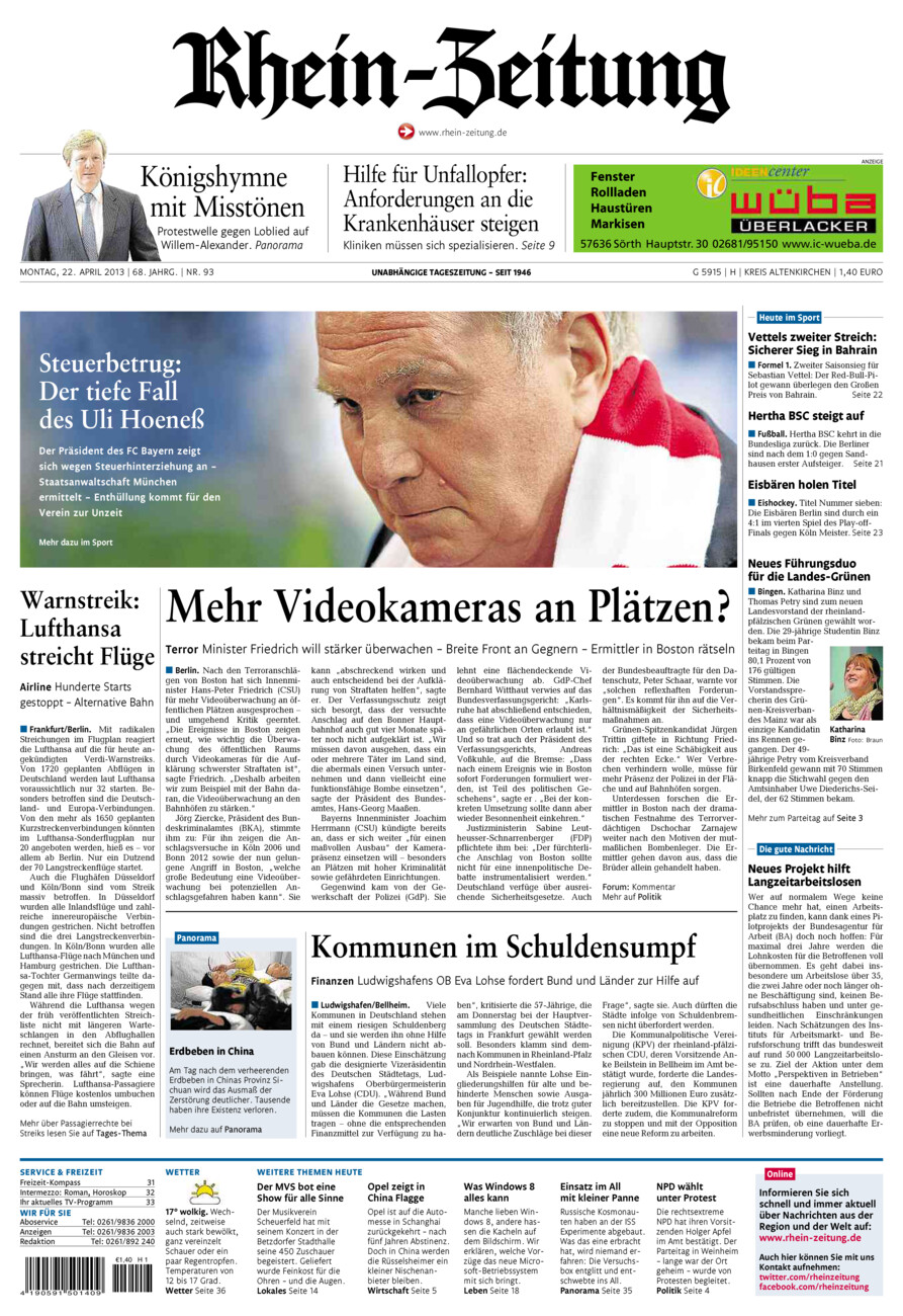Rhein-Zeitung Kreis Altenkirchen vom Montag, 22.04.2013
