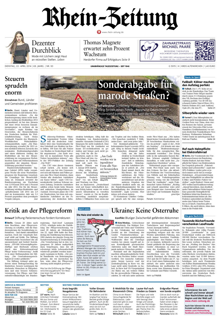 Rhein-Zeitung Kreis Altenkirchen vom Dienstag, 22.04.2014