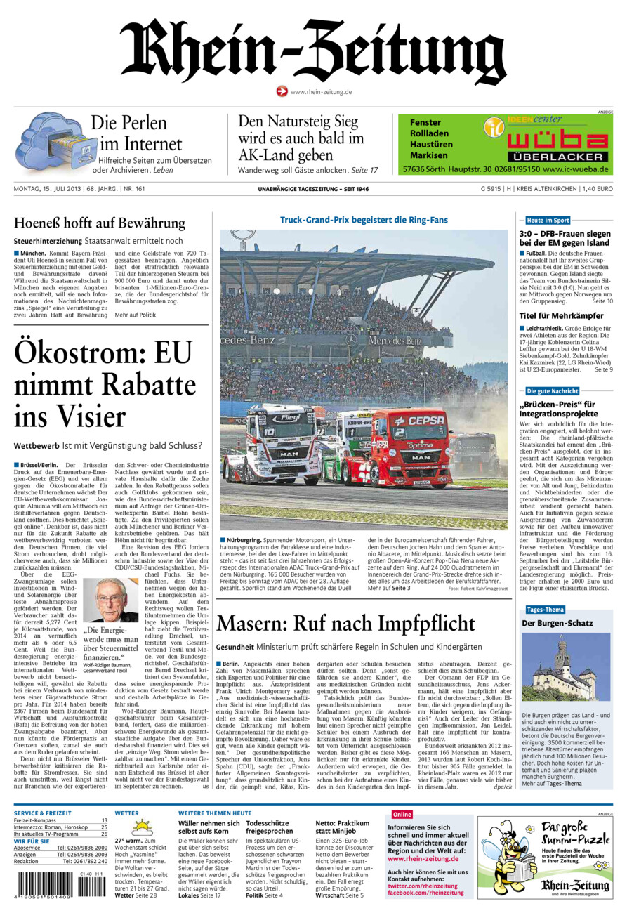 Rhein-Zeitung Kreis Altenkirchen vom Montag, 15.07.2013
