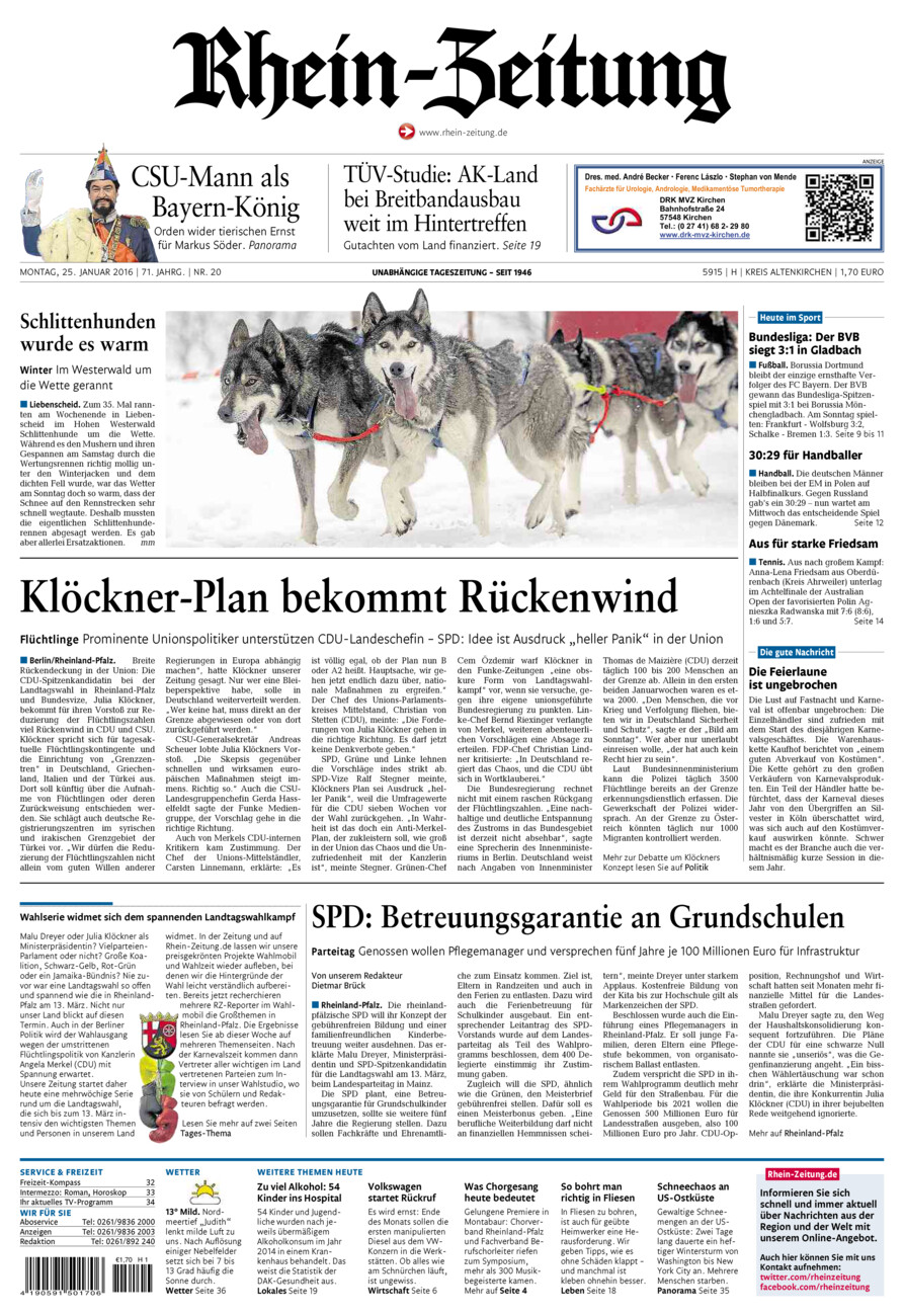 Rhein-Zeitung Kreis Altenkirchen vom Montag, 25.01.2016