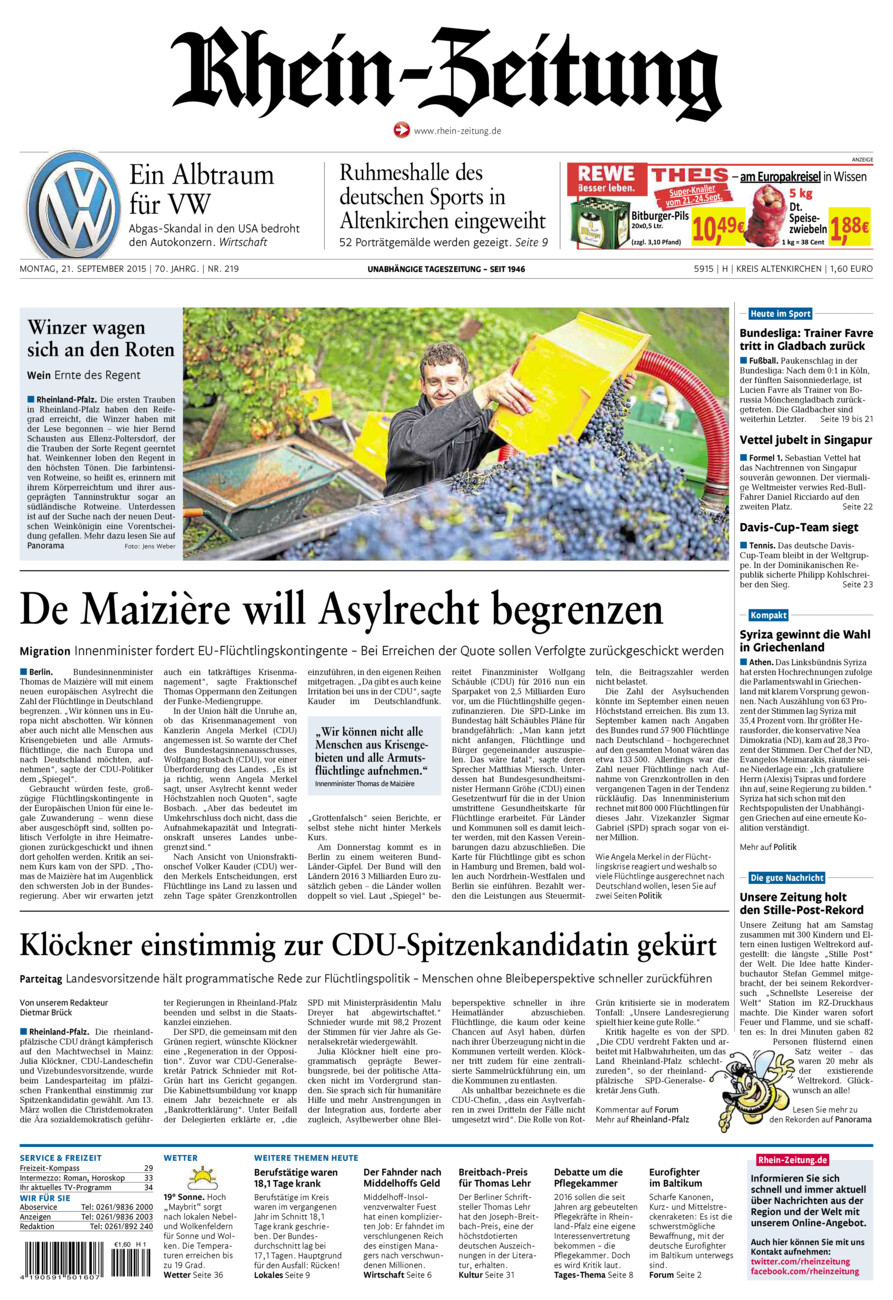 Rhein-Zeitung Kreis Altenkirchen vom Montag, 21.09.2015