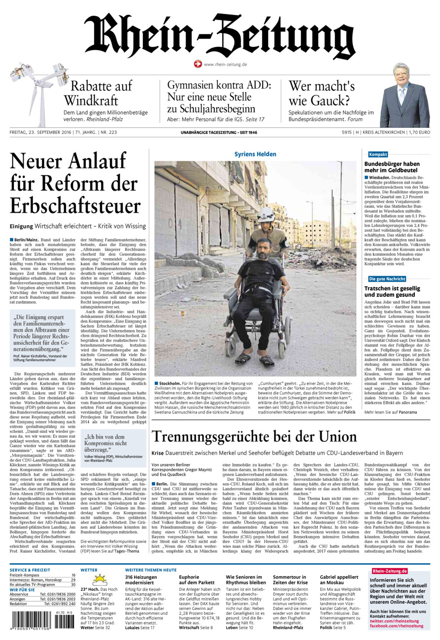 Rhein-Zeitung Kreis Altenkirchen vom Freitag, 23.09.2016