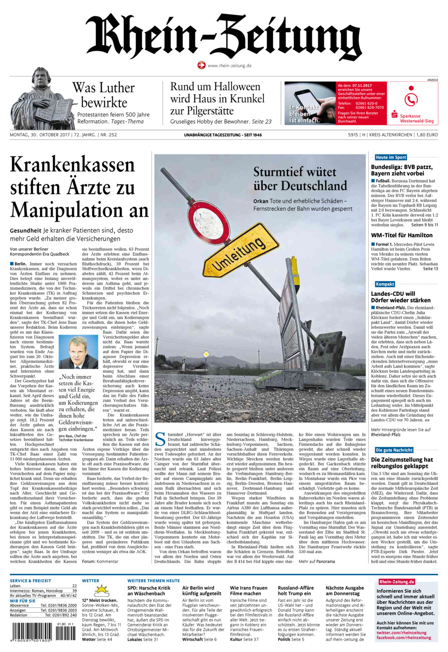 Rhein-Zeitung Kreis Altenkirchen vom Montag, 30.10.2017