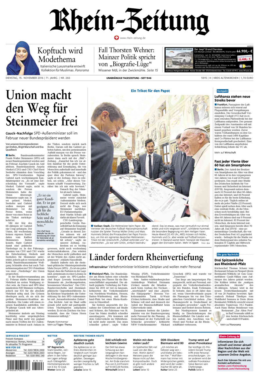 Rhein-Zeitung Kreis Altenkirchen vom Dienstag, 15.11.2016