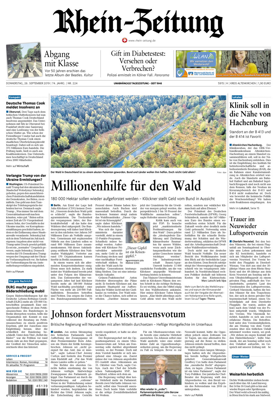 Rhein-Zeitung Kreis Altenkirchen vom Donnerstag, 26.09.2019