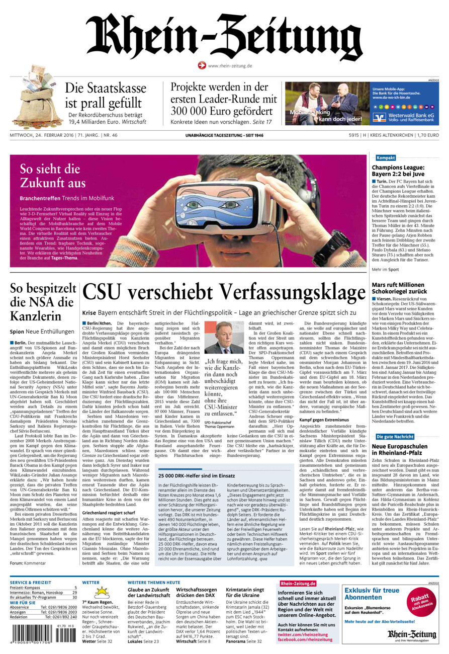 Rhein-Zeitung Kreis Altenkirchen vom Mittwoch, 24.02.2016