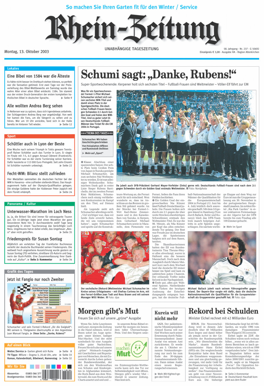 Rhein-Zeitung Kreis Altenkirchen vom Montag, 13.10.2003