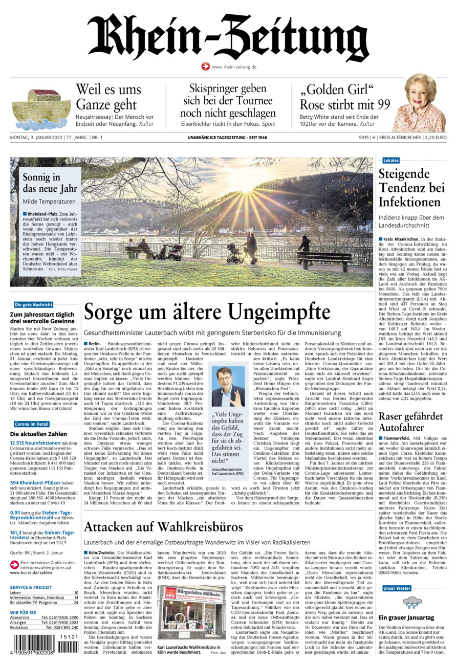Rhein-Zeitung Kreis Altenkirchen vom Montag, 03.01.2022