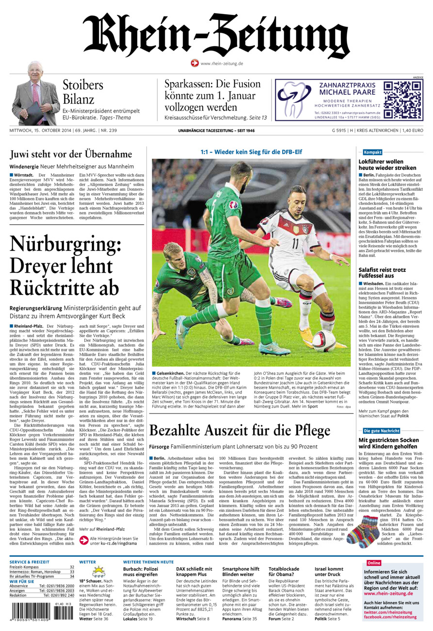 Rhein-Zeitung Kreis Altenkirchen vom Mittwoch, 15.10.2014