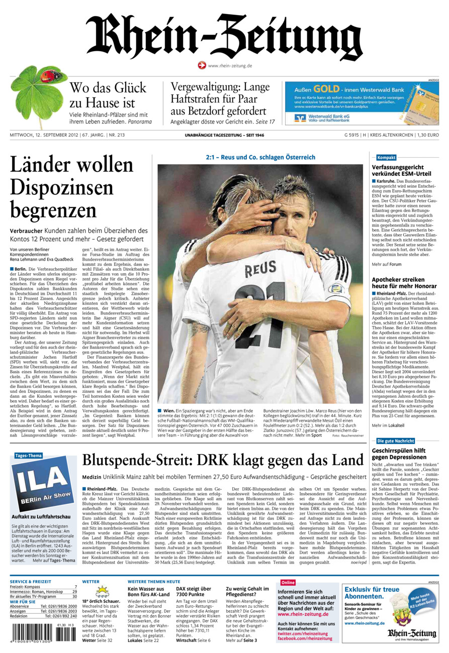 Rhein-Zeitung Kreis Altenkirchen vom Mittwoch, 12.09.2012