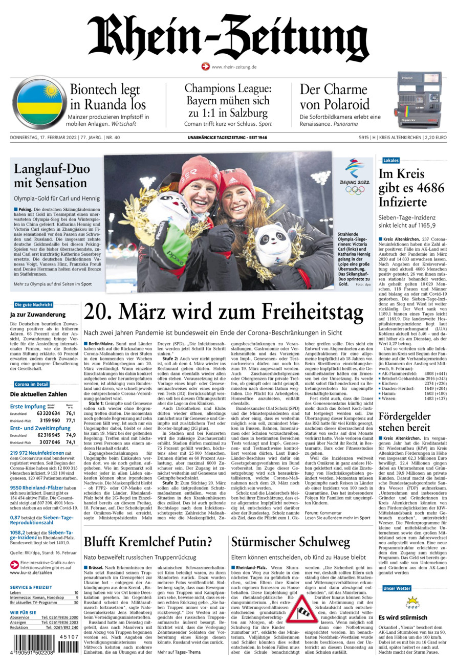 Rhein-Zeitung Kreis Altenkirchen vom Donnerstag, 17.02.2022