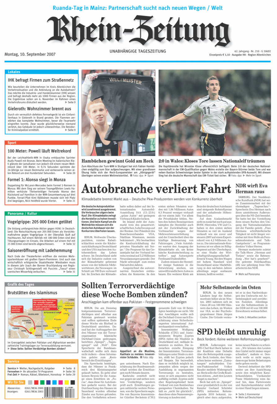 Rhein-Zeitung Kreis Altenkirchen vom Montag, 10.09.2007