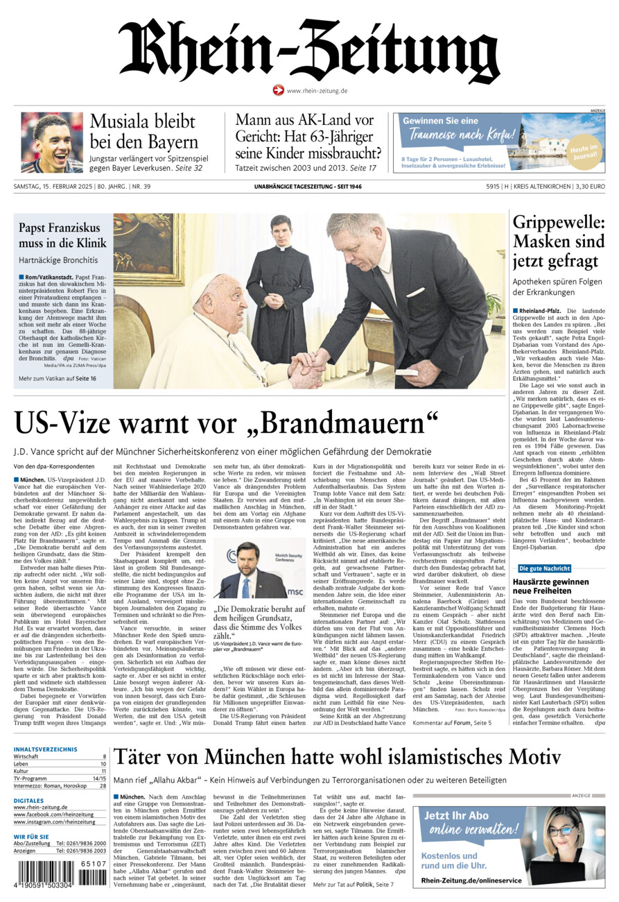 Rhein-Zeitung Kreis Altenkirchen vom Samstag, 15.02.2025