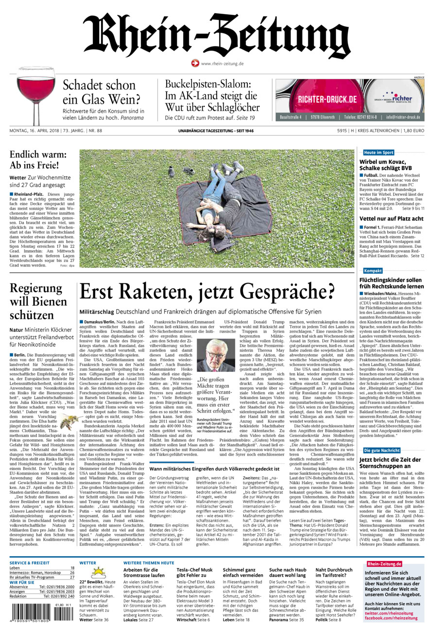 Rhein-Zeitung Kreis Altenkirchen vom Montag, 16.04.2018