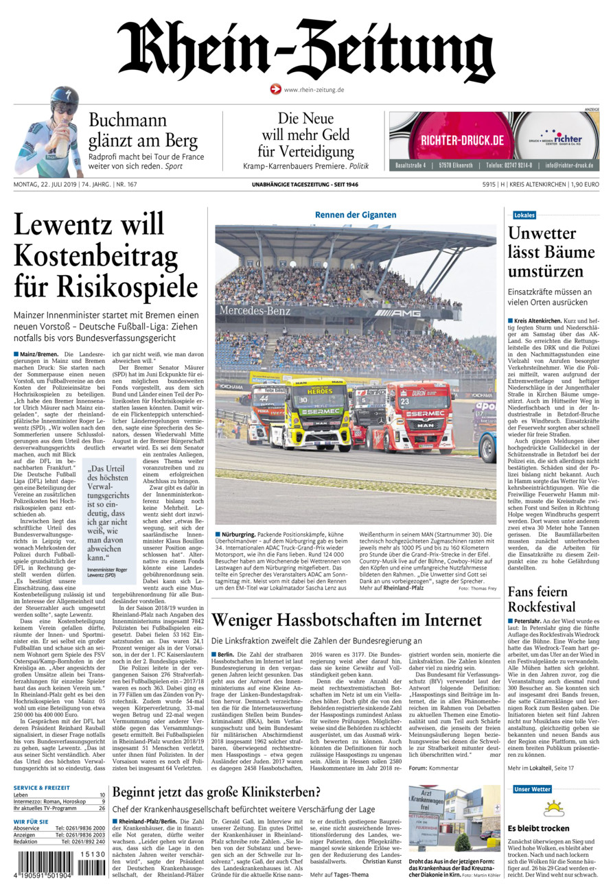 Rhein-Zeitung Kreis Altenkirchen vom Montag, 22.07.2019