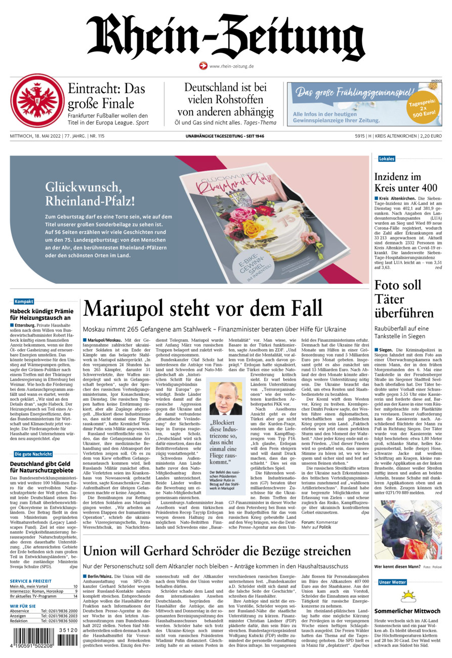 Rhein-Zeitung Kreis Altenkirchen vom Mittwoch, 18.05.2022