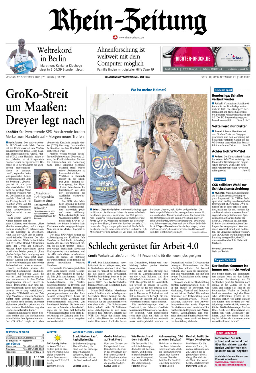 Rhein-Zeitung Kreis Altenkirchen vom Montag, 17.09.2018