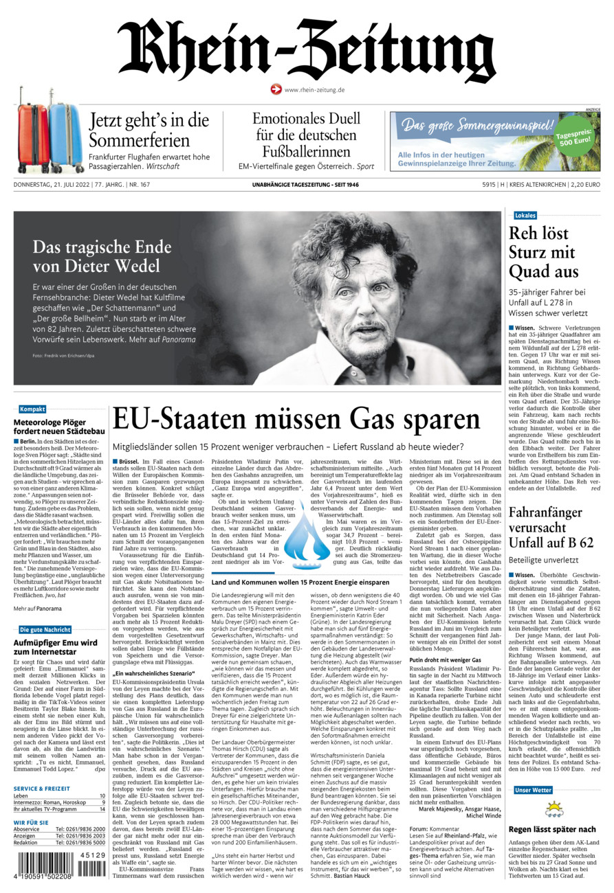Rhein-Zeitung Kreis Altenkirchen vom Donnerstag, 21.07.2022