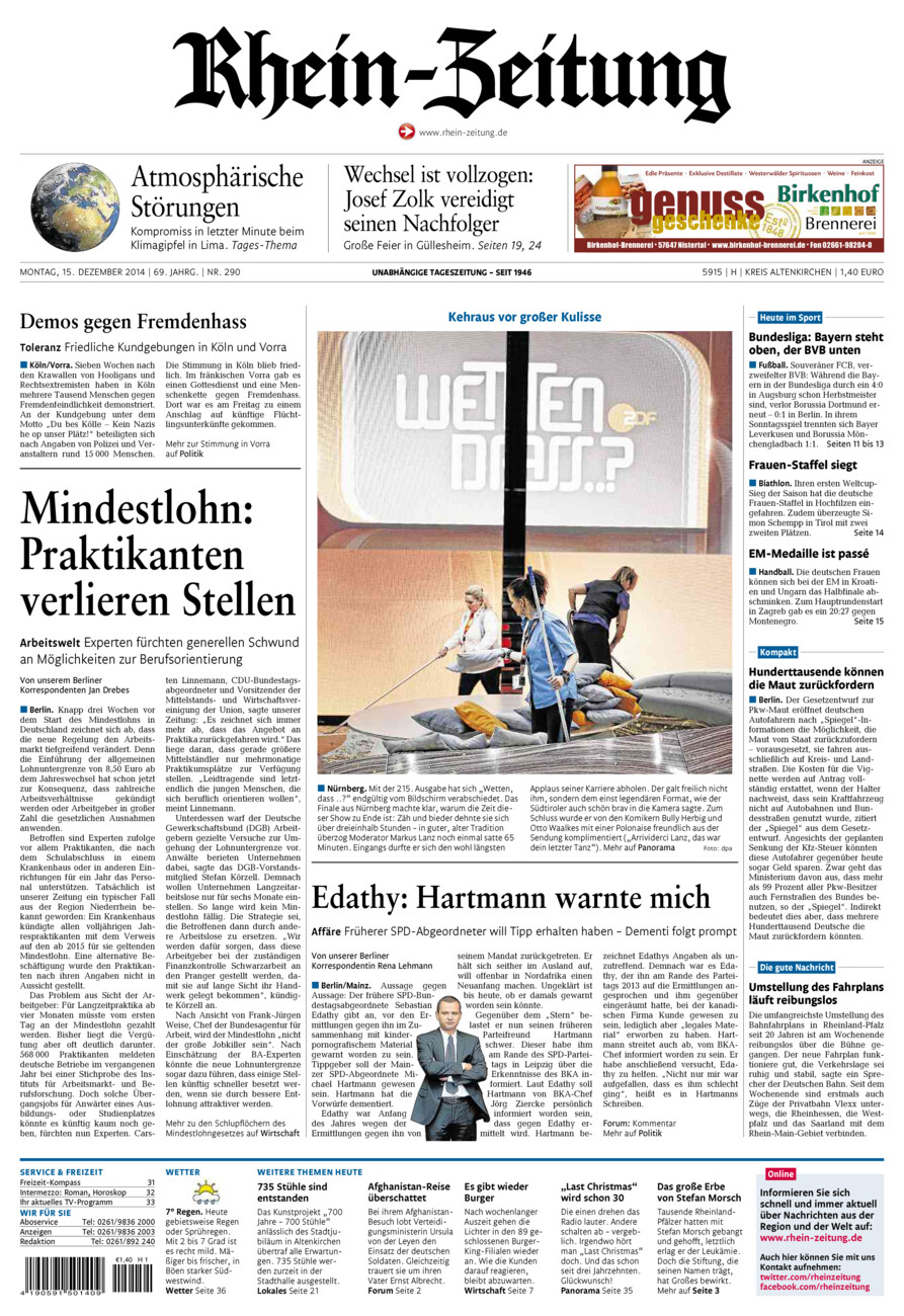 Rhein-Zeitung Kreis Altenkirchen vom Montag, 15.12.2014