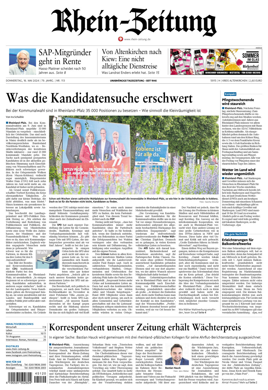 Rhein-Zeitung Kreis Altenkirchen vom Donnerstag, 16.05.2024