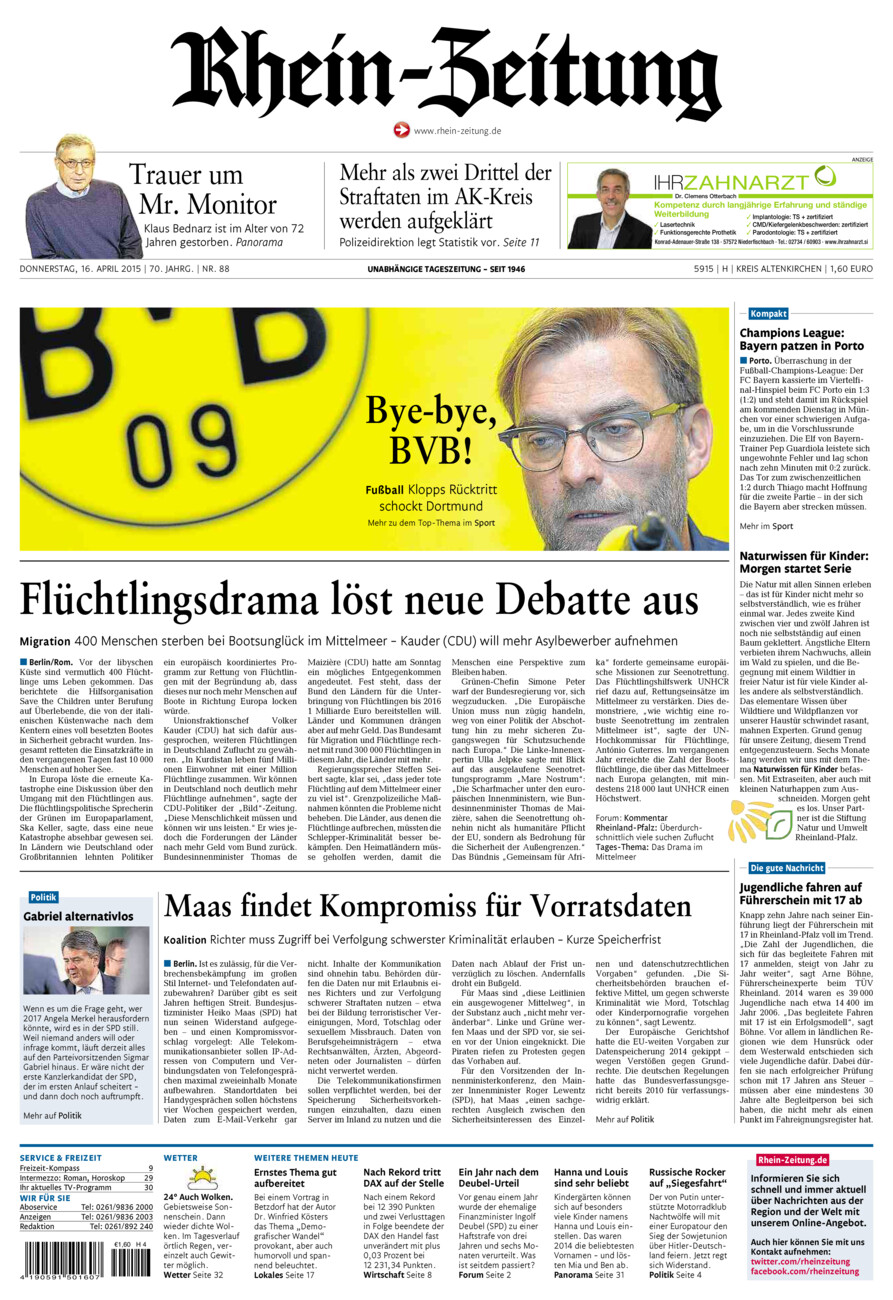 Rhein-Zeitung Kreis Altenkirchen vom Donnerstag, 16.04.2015